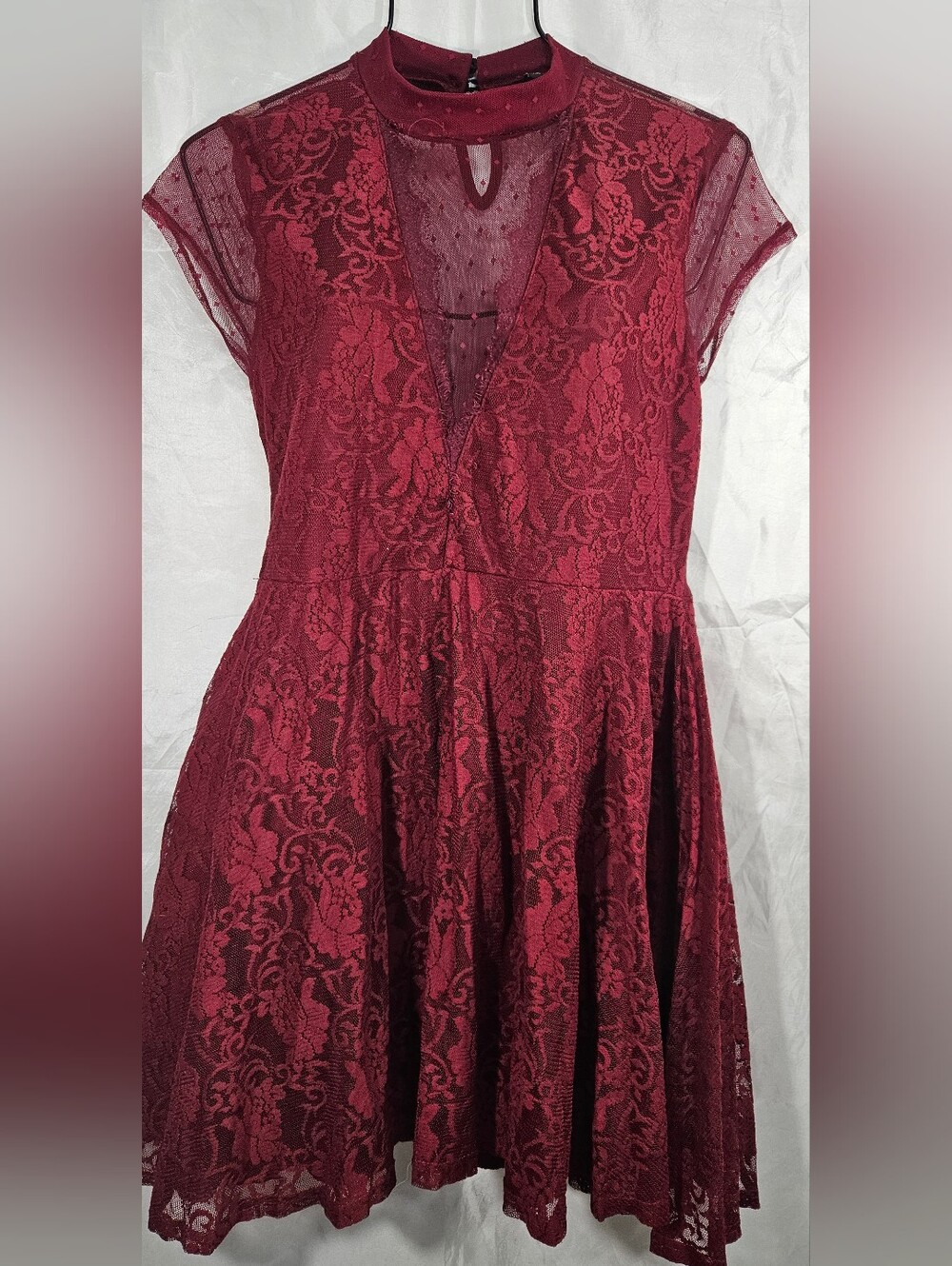 RT Wine Lace Mini Dress with Sheer Yoke #143